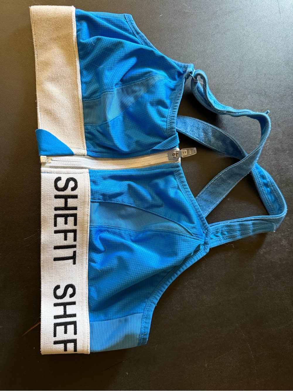 SHEFIT Blue branded elastic Zip-Front Sports Bra with White Logo Band
